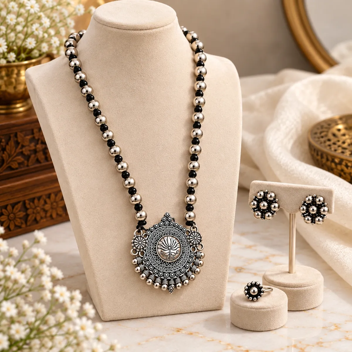 Trendy Beaded Long Chain Oxidised Jewellery Set