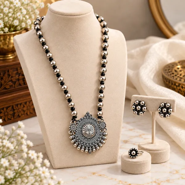Trendy Beaded Long Chain Oxidised Jewellery Set