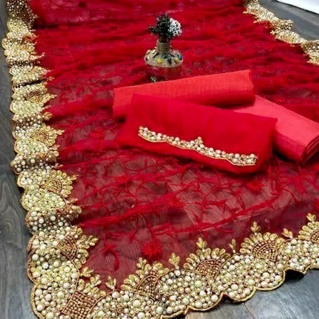 KHARIDLE Net Red Beads & Stones Embroided Saree