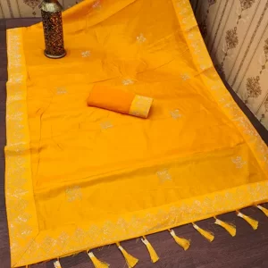 KHARIDLE Yellow Fashion Dola Attractive Silk Saree