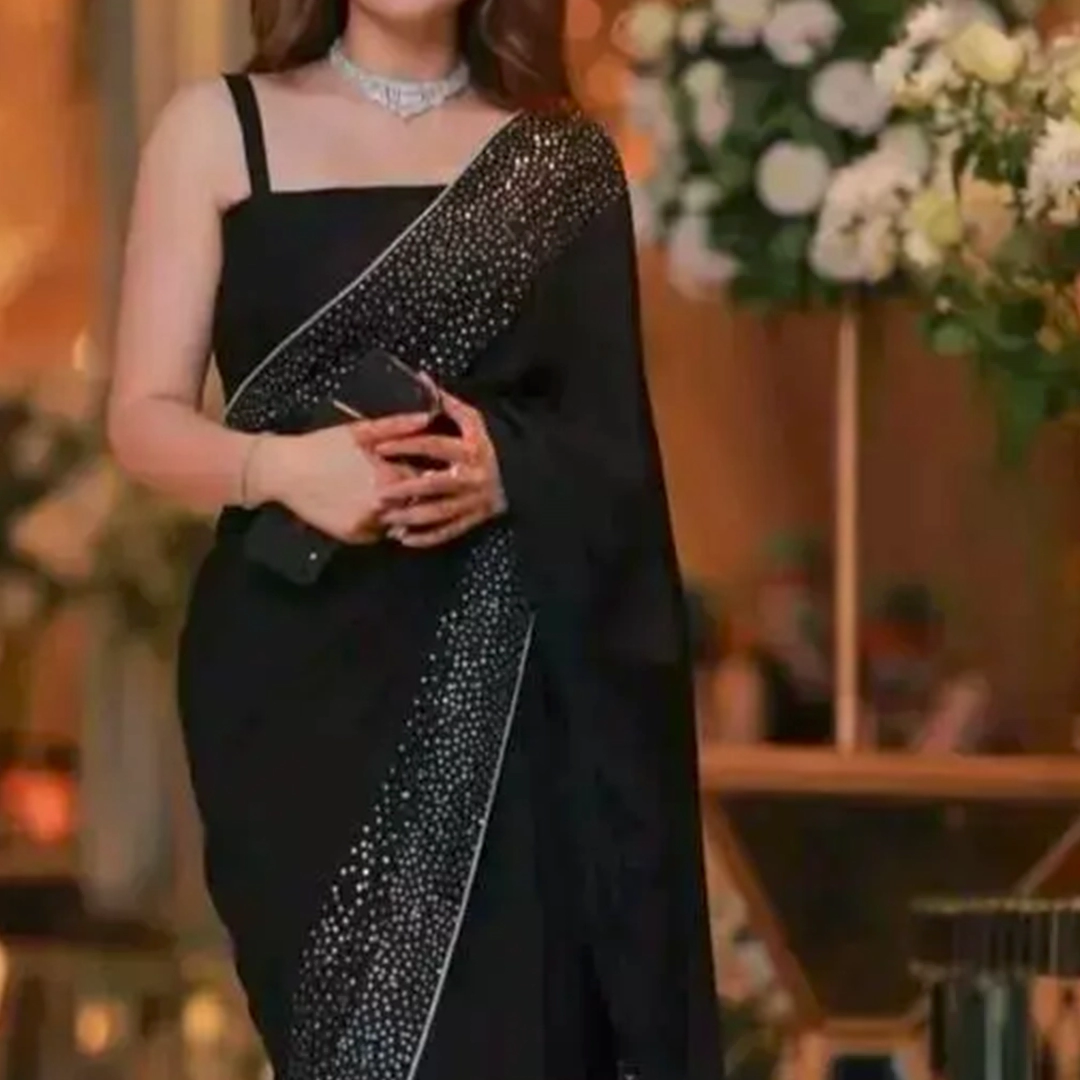 KHARIDLE Hot Fixing Poly Georgette Saree