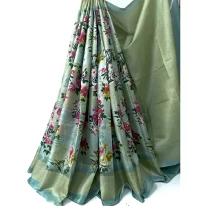 KHARIDLE Blue Floral Printed Silk Saree