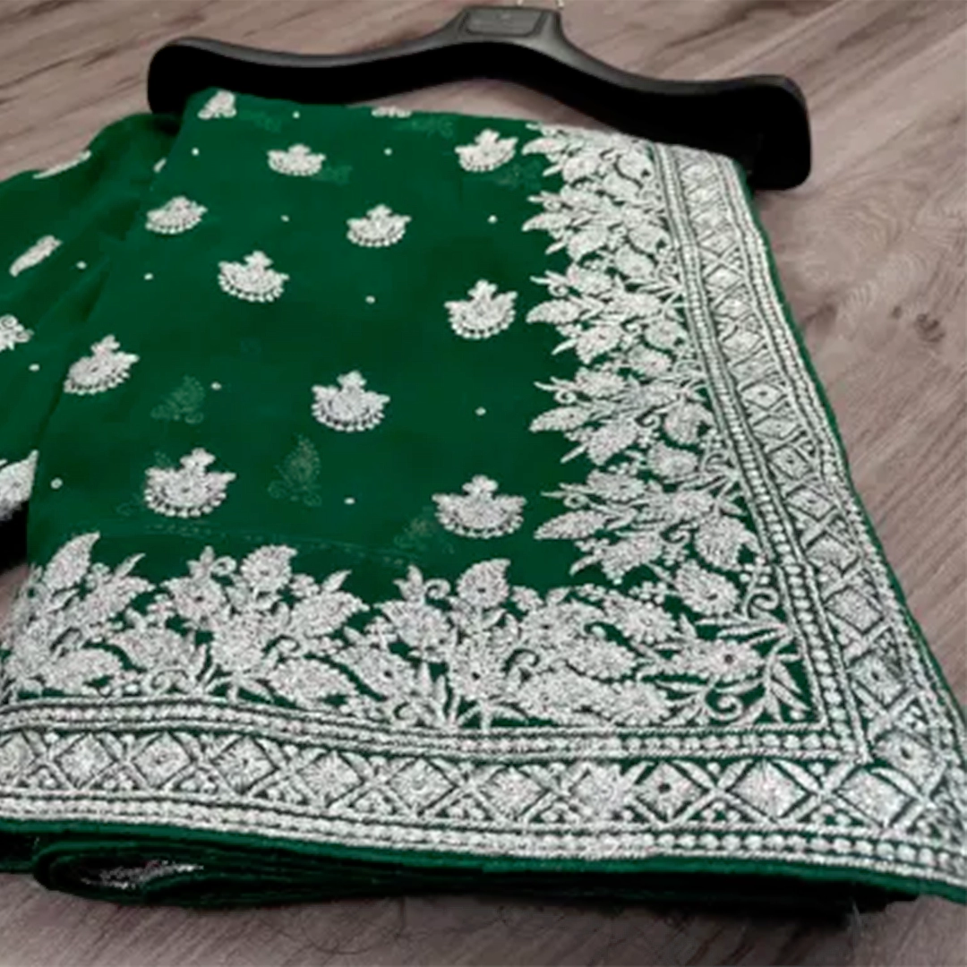 KHARIDLE Heavy Silver Stone Work Embroided Saree