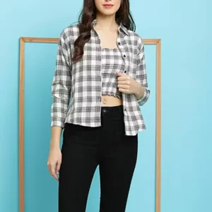 KHARIDLE Checked Shirt Collar Multicolor Top