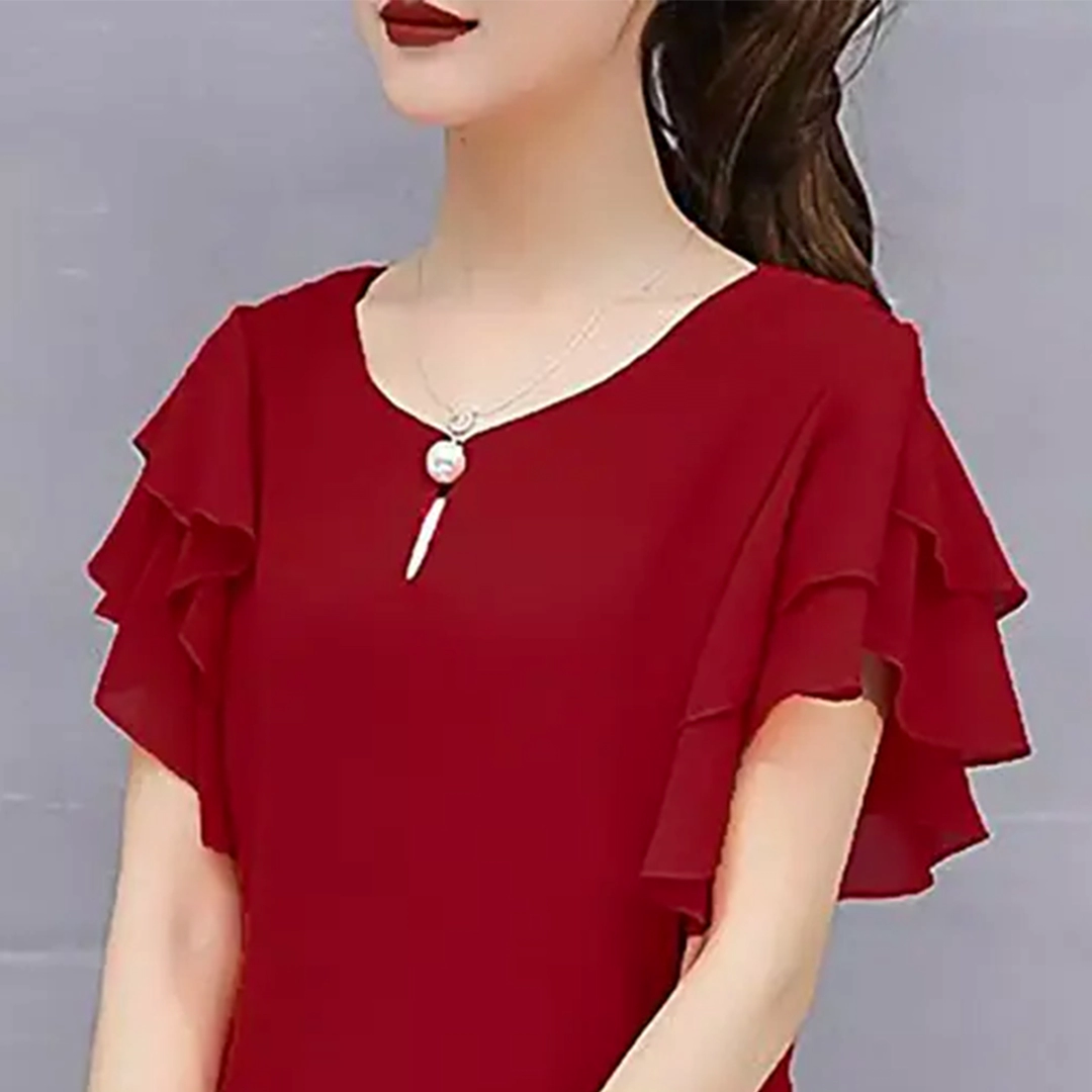 KHARIDLE Maroon Keyhole Neck Ruffle Sleeves Georgette Top - Image 2