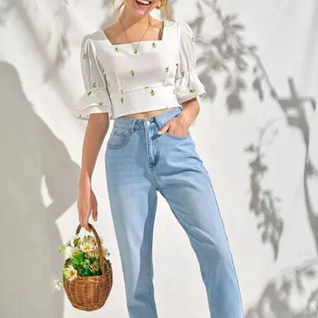 KHARIDLE Printed Georgette Crop Top