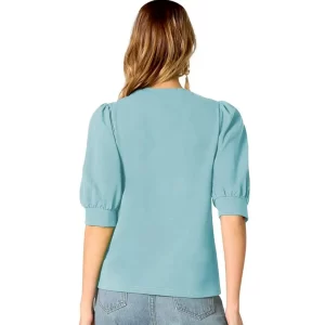 KHARIDLE Round Neck Puff Half Sleeves Polyester Blend Top