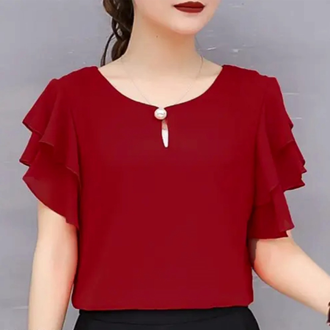 KHARIDLE Maroon Keyhole Neck Ruffle Sleeves Georgette Top