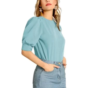 KHARIDLE Round Neck Puff Half Sleeves Polyester Blend Top