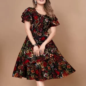 KHARIDLE Black & Red Tropical Print Layered Dress
