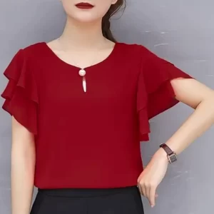 KHARIDLE Maroon Keyhole Neck Ruffle Sleeves Georgette Top