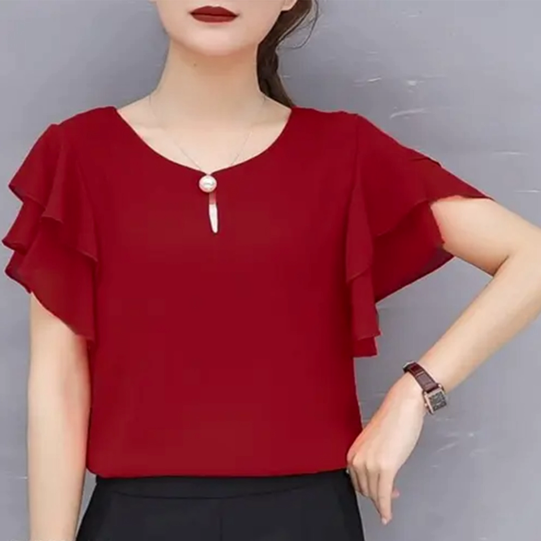 KHARIDLE Maroon Keyhole Neck Ruffle Sleeves Georgette Top - Image 3