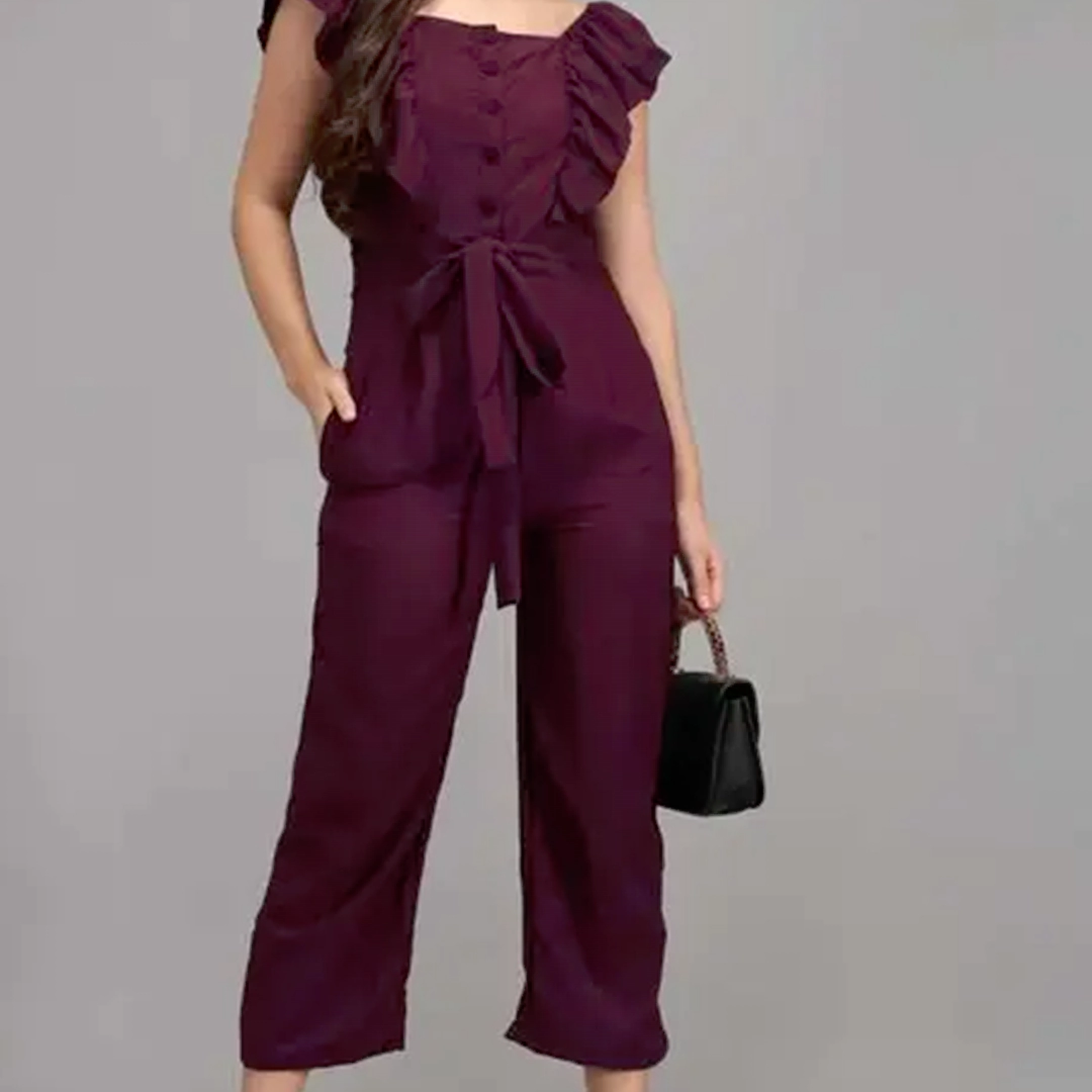 KHARIDLE Wine Crepe Color Jumpsuit