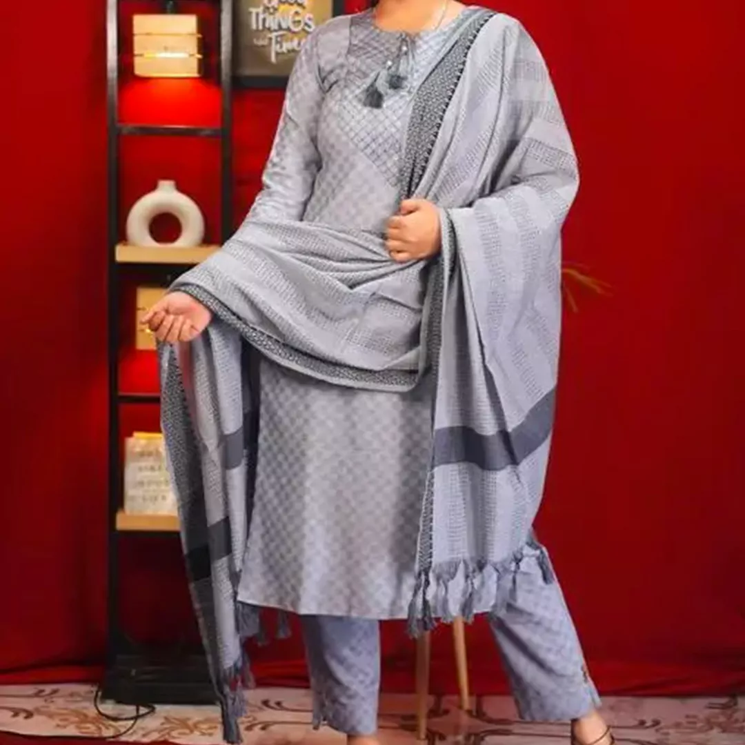 KHARIDLE Beautiful Grey Cotton Kurta Set with Dupatta