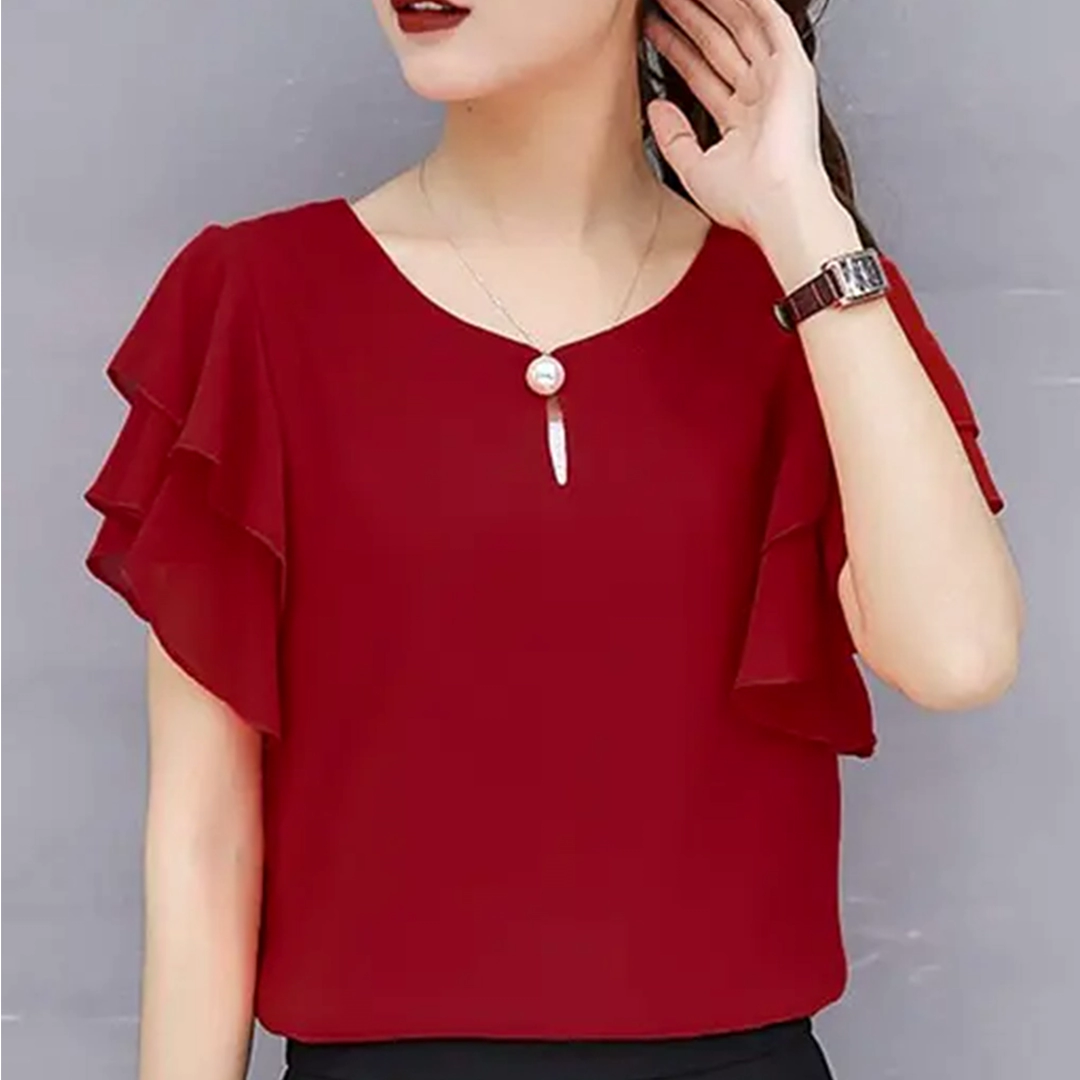 KHARIDLE Maroon Keyhole Neck Ruffle Sleeves Georgette Top - Image 4