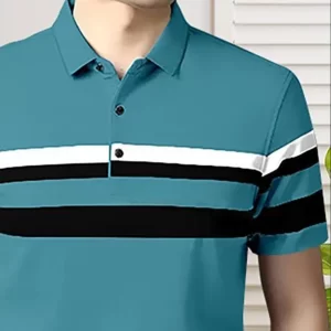KHARIDLE Horizontal Stripes Polo Teal T-shirt