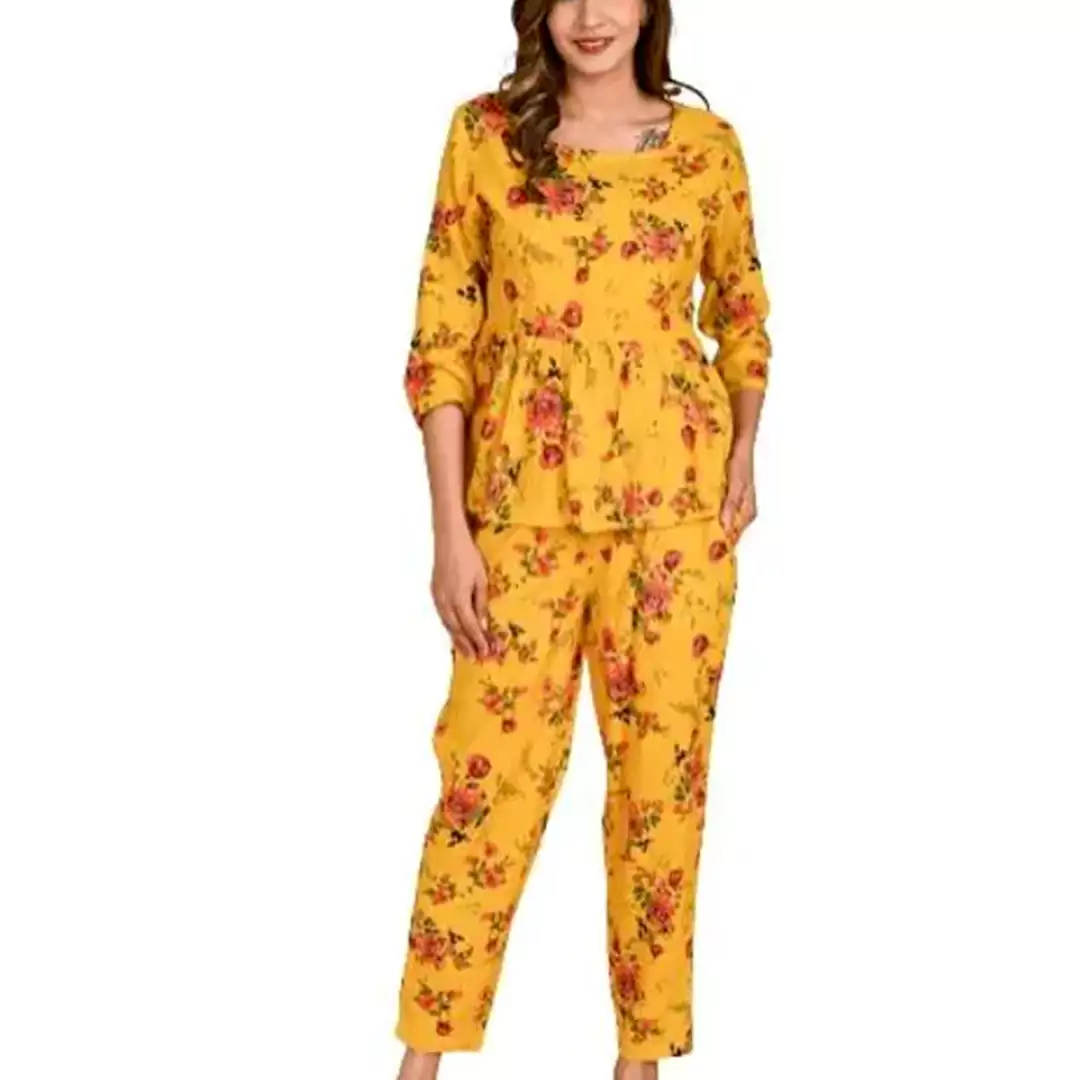 KHARIDLE Printed Rayon Relexed Round Neck Cord Set