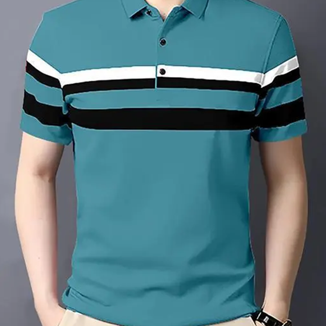 KHARIDLE Horizontal Stripes Polo Teal T-shirt