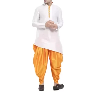 KHARIDLE Men's White & Yellow Kurta Dhoti Set