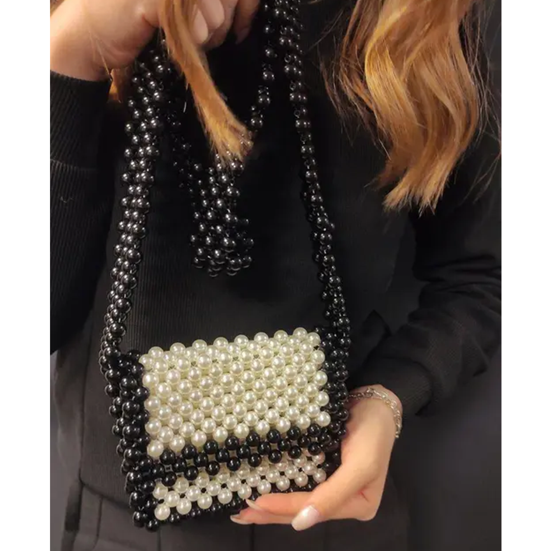 KHARIDLE Black and white Pearl Sling Bag