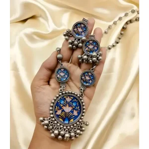 Royal Blue Lotus Oxidised Jewellery Set