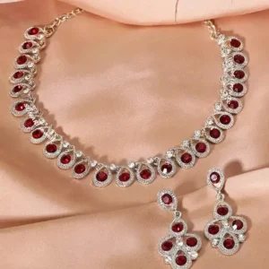 Rhodium Plated Maroon Red Jewellery Set