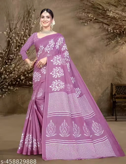 Graceful Lavender White Motif Printed Cotton Saree - Image 2