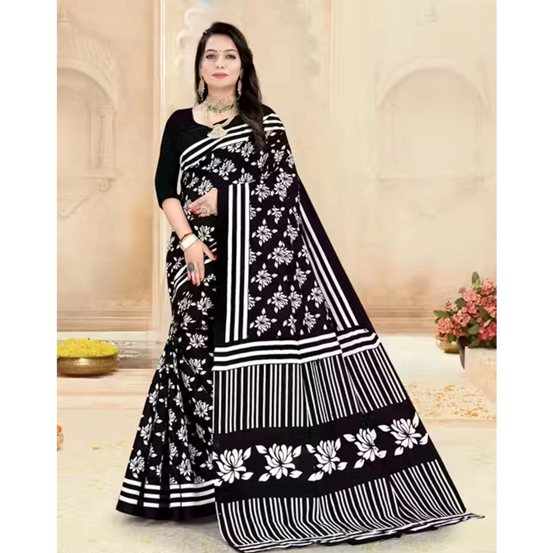 Elegant Black & White Floral Print Cotton Saree