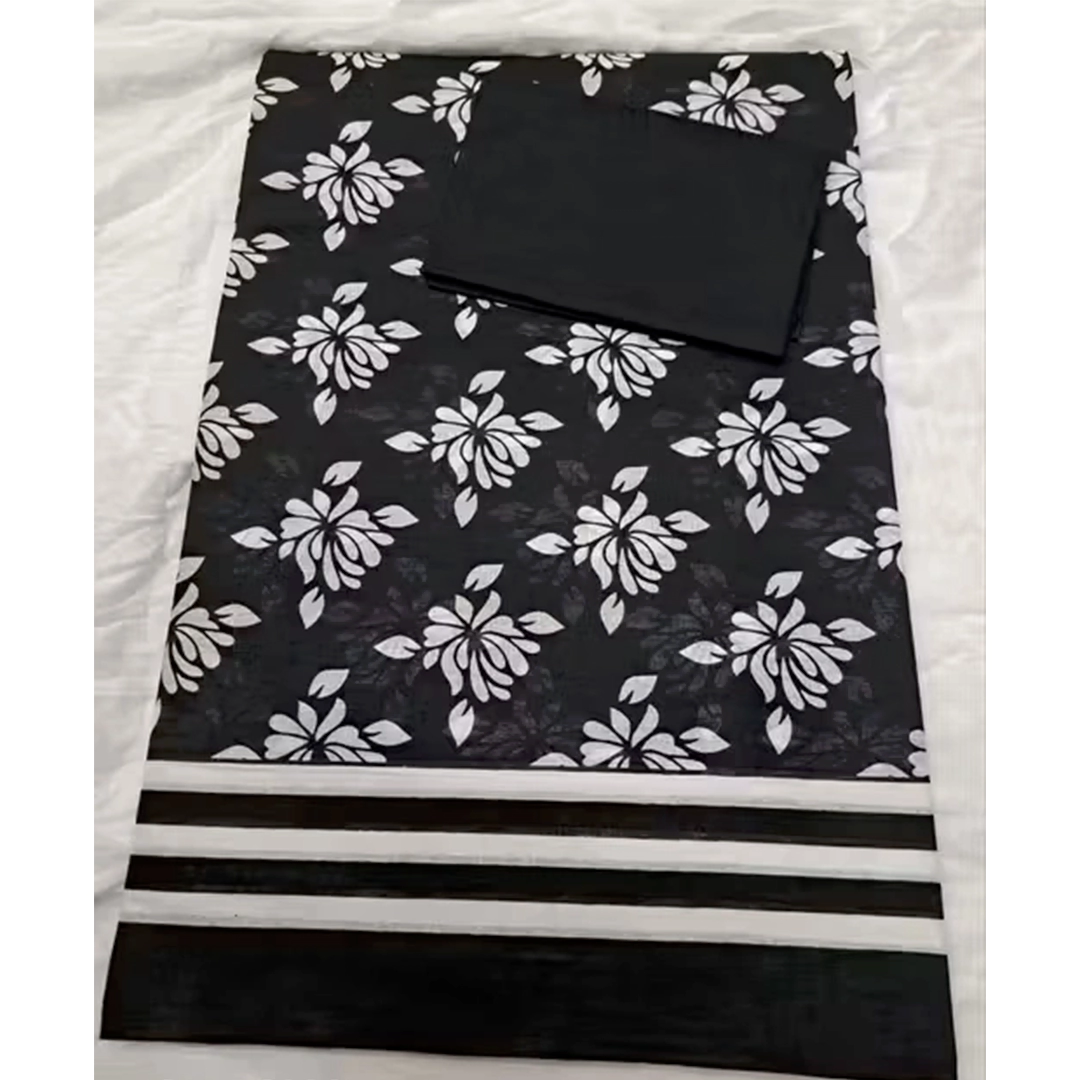 Elegant Black & White Floral Print Cotton Saree - Image 2