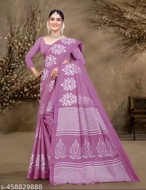 Graceful Lavender White Motif Printed Cotton Saree