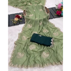 Sage Green Embroidered Paisley Georgette Saree