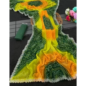 Yellow & Green Bandhani Print Georgette Saree