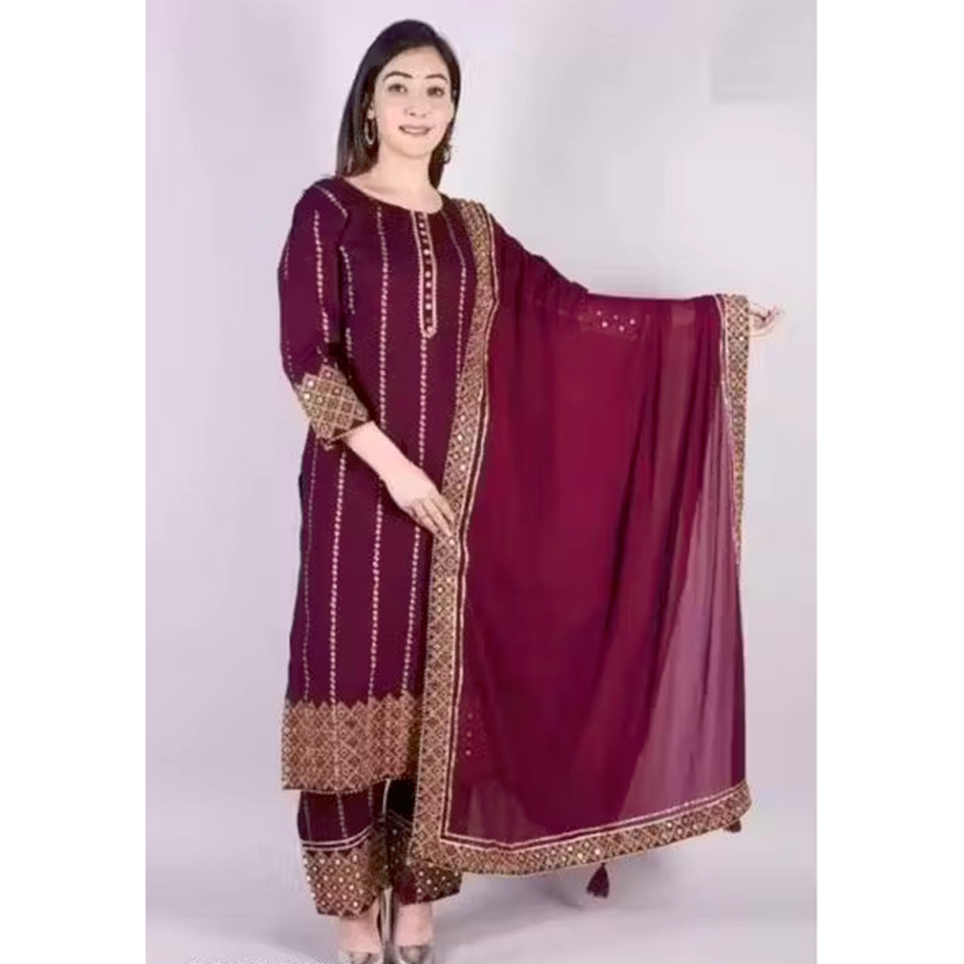 Maroon Embroidered Cotton Straight Kurta Set