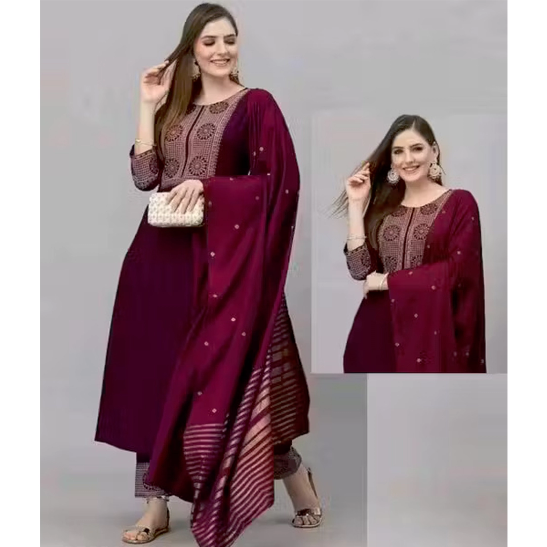 Wine Embroidered Straight Kurta Set