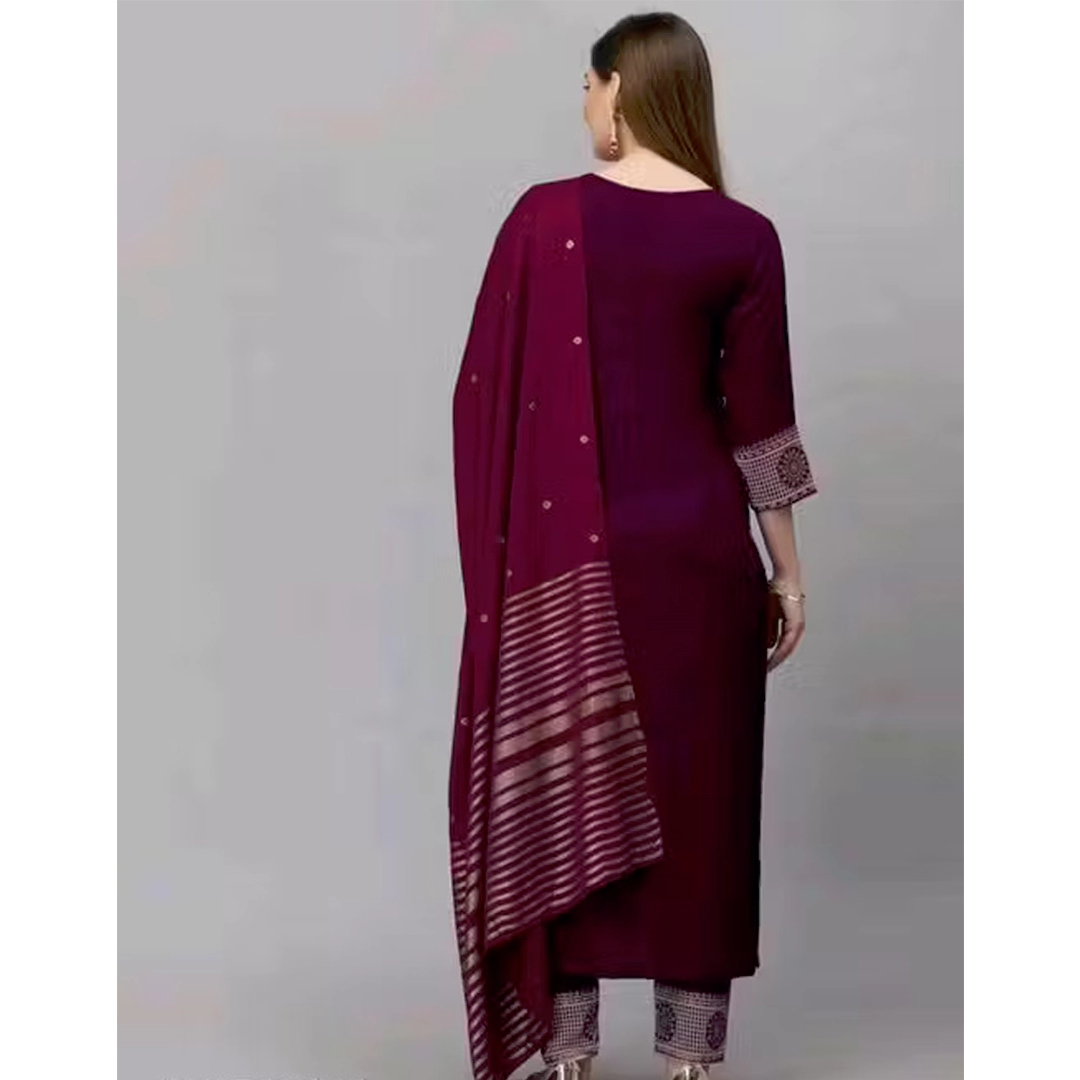 Wine Embroidered Straight Kurta Set - Image 2