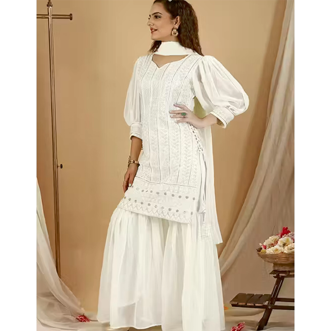White Embroidered Sharara Set - Image 3