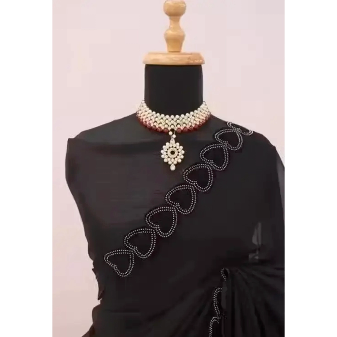 Black Heart Border Party Wear Georgette Saree - Image 2