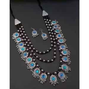 Blue Stone Layered Beaded Oxidised Jewellery Set