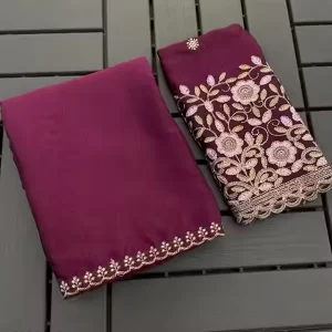 Wine Color Floral Zari Work Embroidery Saree