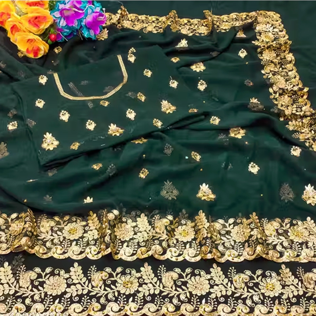 Dark Green Golden Zari Work Embroidery Saree