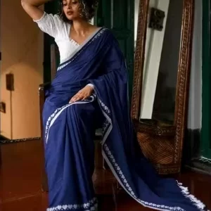 Navy Blue Embroidered Border Cotton Saree
