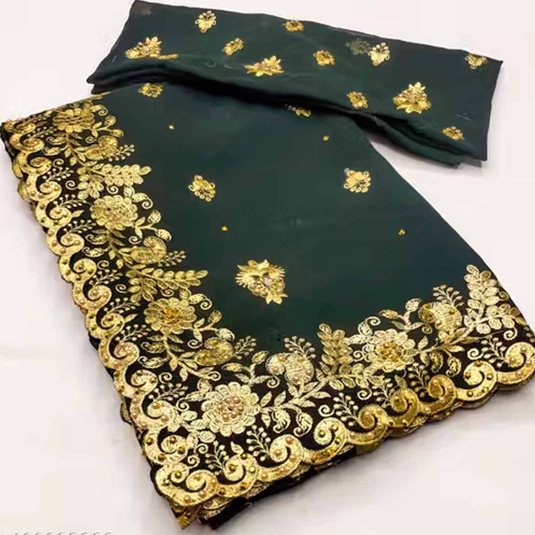 Dark Green Golden Zari Work Embroidery Saree - Image 3