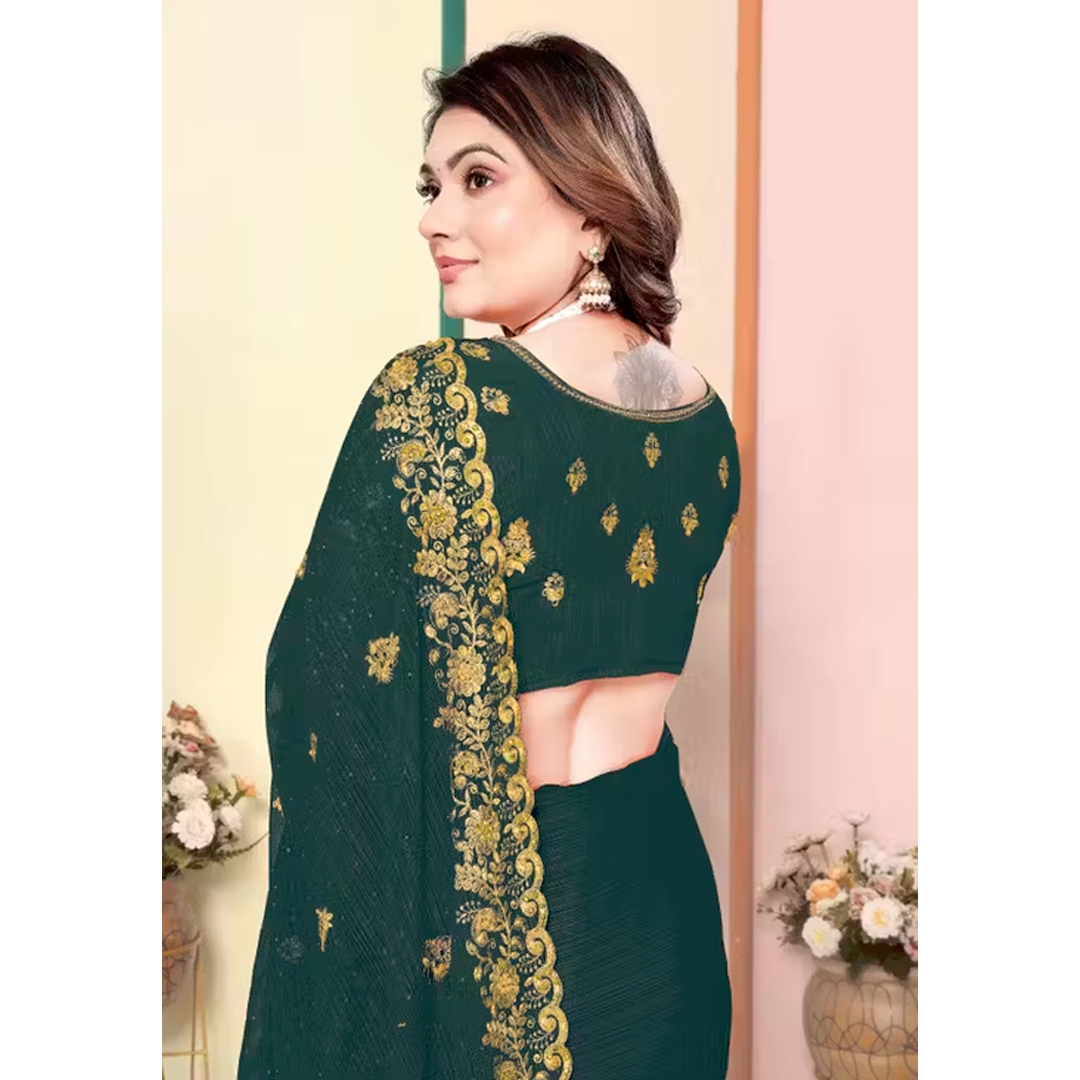 Dark Green Golden Zari Work Embroidery Saree - Image 4